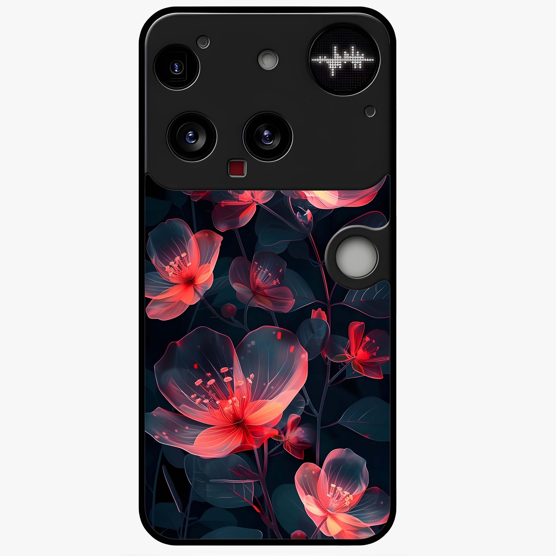 Dark Shade of Flower Glass Case showing flat back view with elegant dark floral artwork and glossy glass finish.