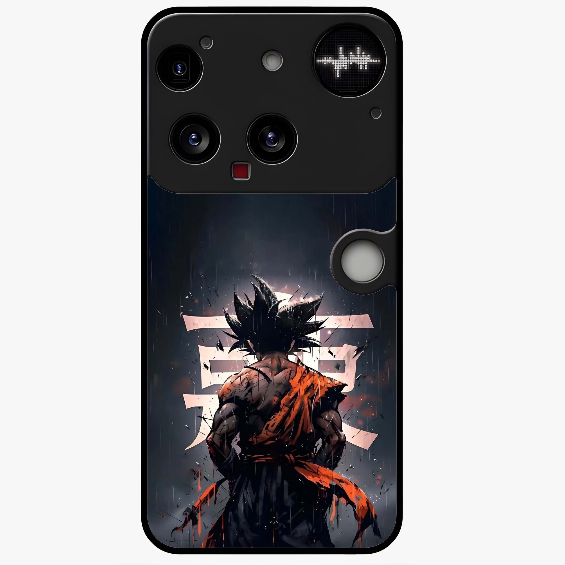 Dark Warrior In Rain Glass Case showing flat back view with warrior artwork in rainy atmosphere and glossy glass finish.