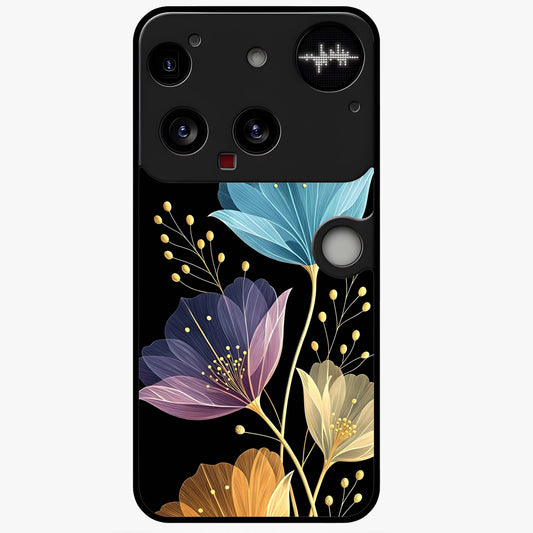 Delicate Multicolor Flowers Glass Case showing flat back view with vibrant floral artwork and glossy glass finish.