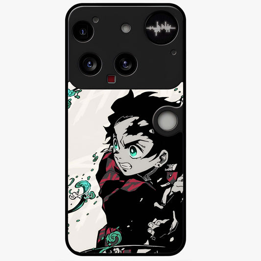 Demon Slayer Glass Case showing flat back view with bold anime inspired artwork and glossy glass finish.