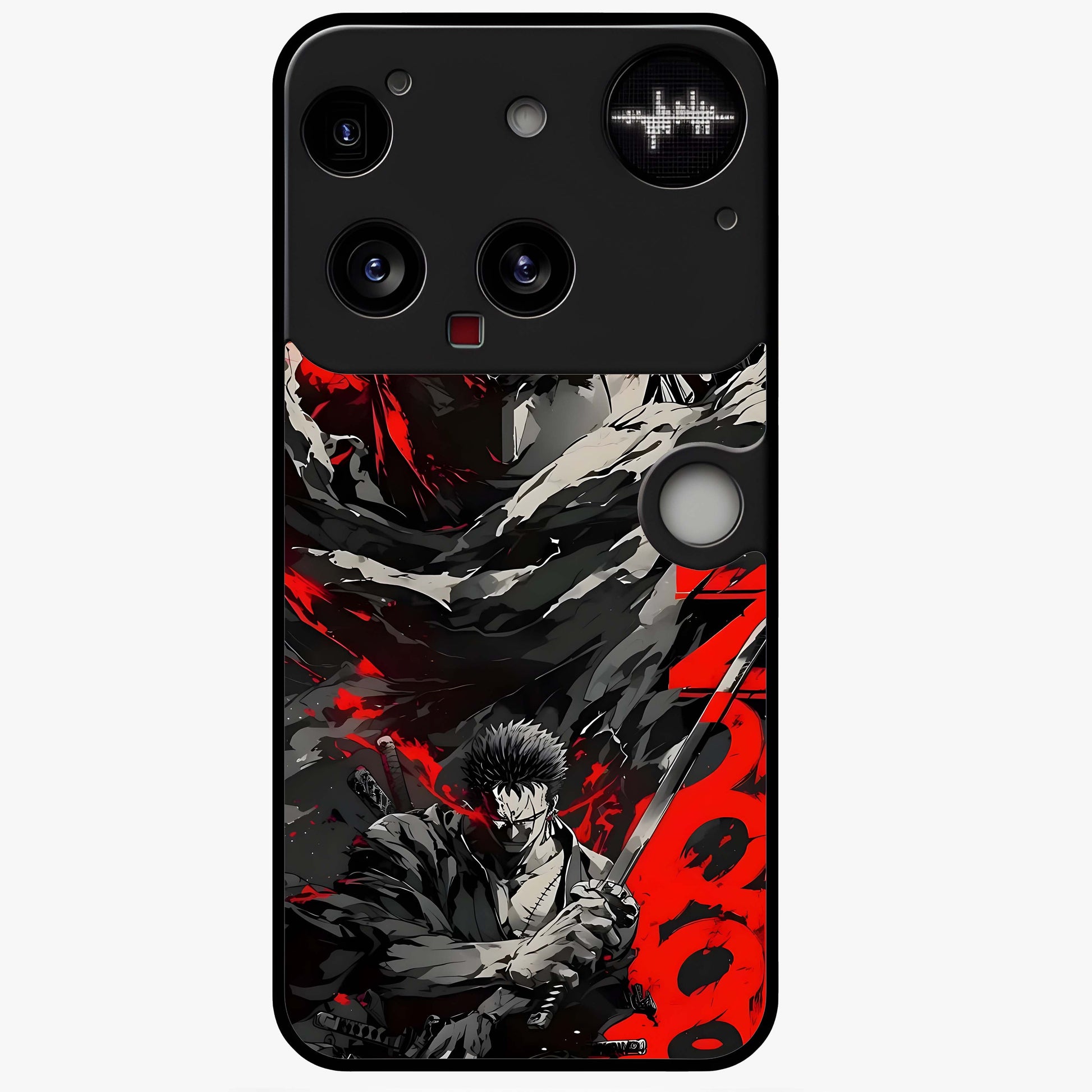 Demon Sword Resolve Glass Case showing flat back view with fierce sword warrior artwork and glossy glass finish.
