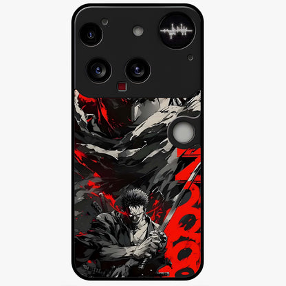 Demon Sword Resolve Glass Case showing flat back view with fierce sword warrior artwork and glossy glass finish.