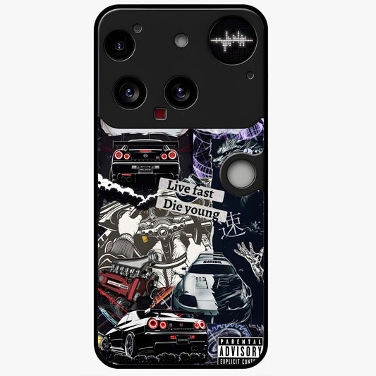 Die Young Glass Case showing flat back view with bold artistic typography design and glossy glass finish.