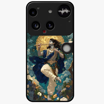 Divine Krishna Art Glass Case showing flat back view with Lord Krishna artwork and glossy glass finish.