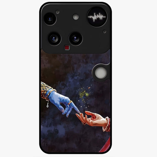 Divine Touch Eternal Glass Case showing flat back view with spiritual themed artwork and glossy glass finish.