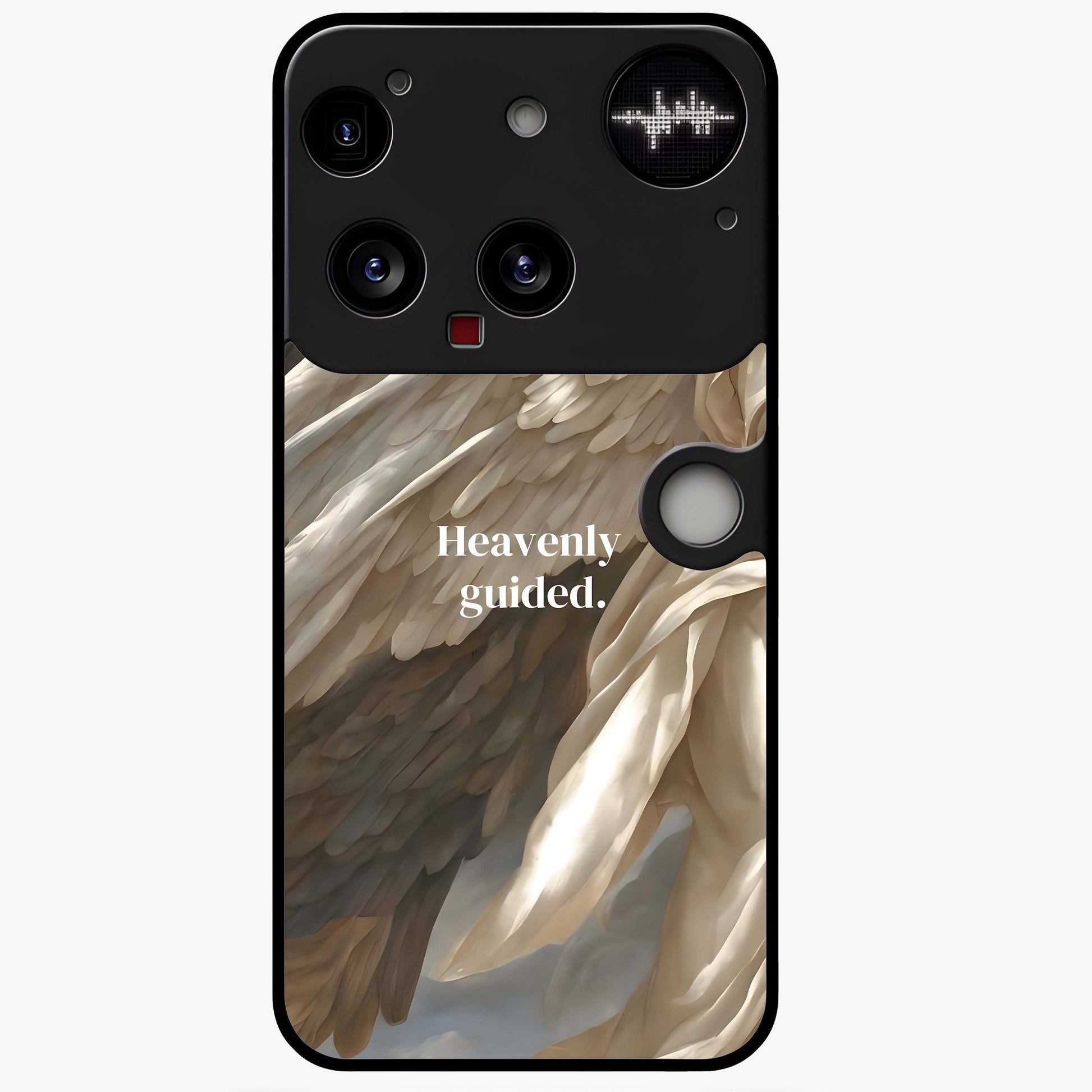 Divine Winged Grace Glass Case showing flat back view with elegant wing inspired artwork and glossy glass finish.