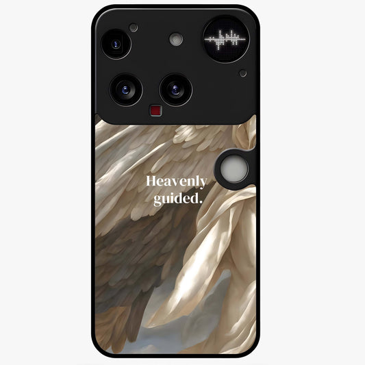 Divine Winged Grace Glass Case showing flat back view with elegant wing inspired artwork and glossy glass finish.