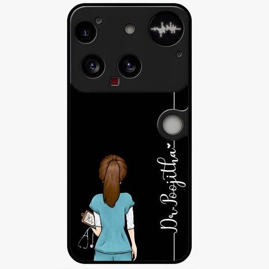 Doctor Pattern Custom Name Glass Case showing flat back view with medical themed pattern and personalized name design.