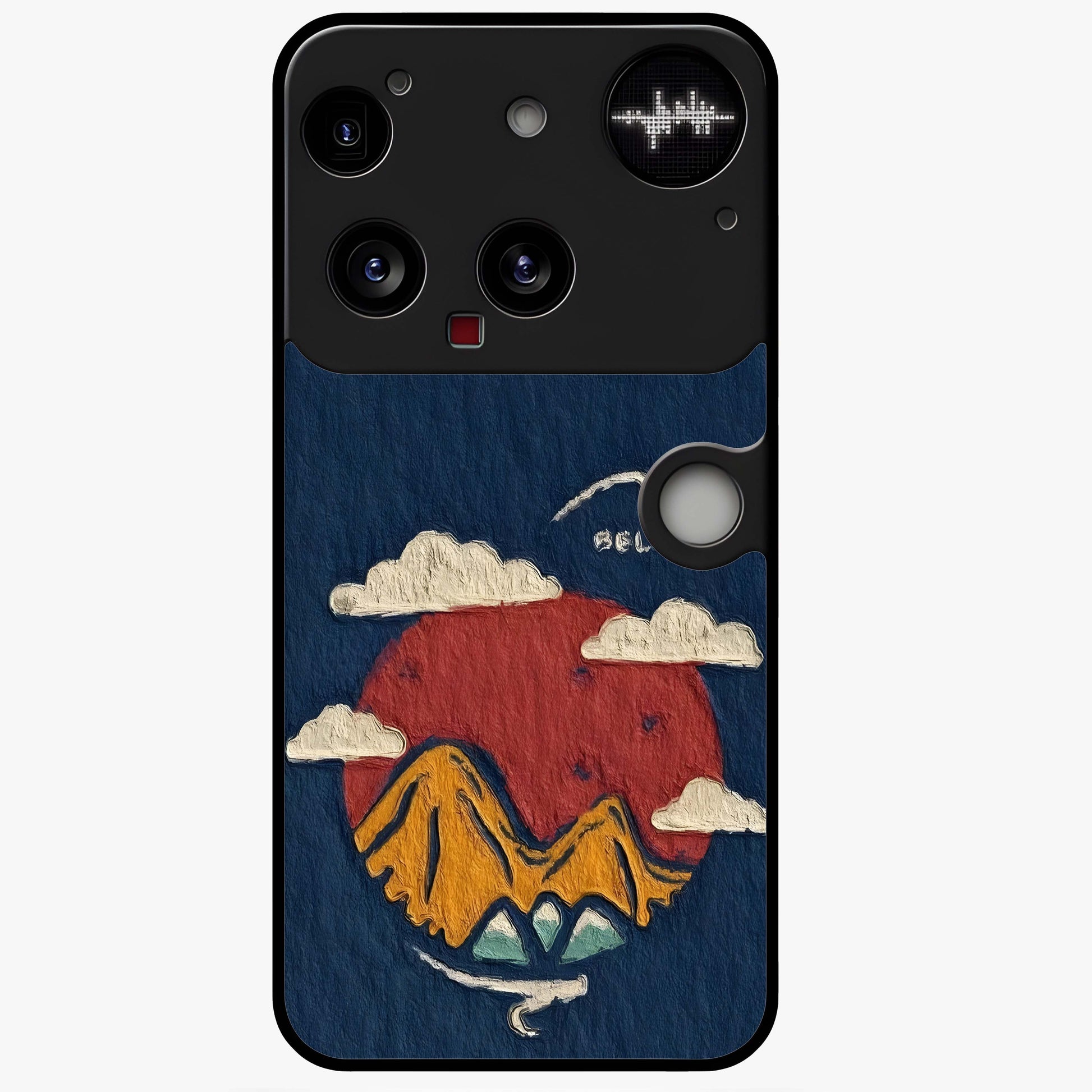 Dream Beyond Mountains Glass Case showing flat back view with scenic mountain landscape artwork and glossy glass finish.