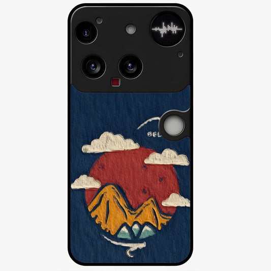 Dream Beyond Mountains Glass Case showing flat back view with scenic mountain landscape artwork and glossy glass finish.