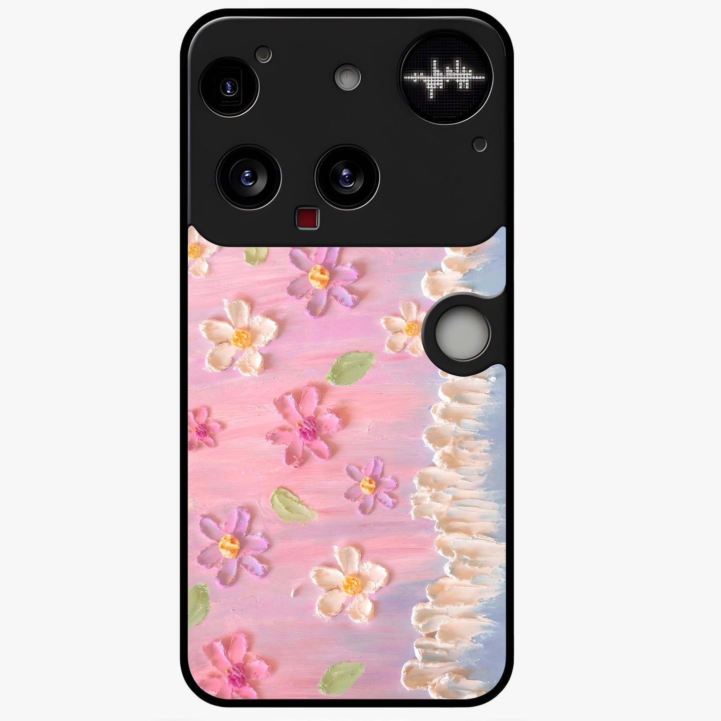 Dreamy Painted Garden Glass Case showing flat back view with artistic painted floral garden artwork and glossy glass finish.