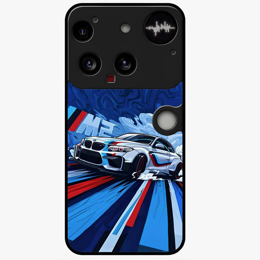 Drift Power Rush Glass Case showing flat back view with dynamic racing inspired artwork and glossy glass finish.
