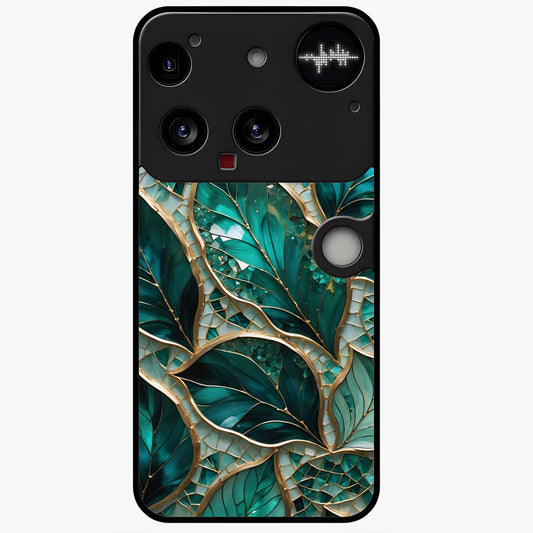 Emerald Leaf Glass Glass Case showing flat back view with emerald green leaf artwork and glossy glass finish.