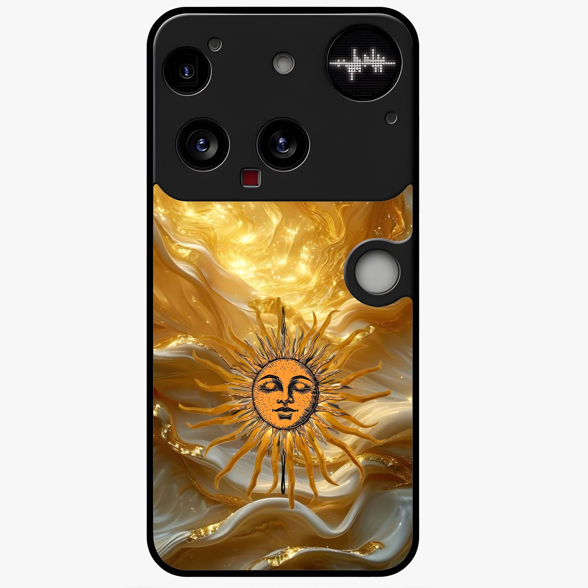 Eternal Golden Glow Glass Case showing flat back view with radiant golden themed artwork and glossy glass finish.