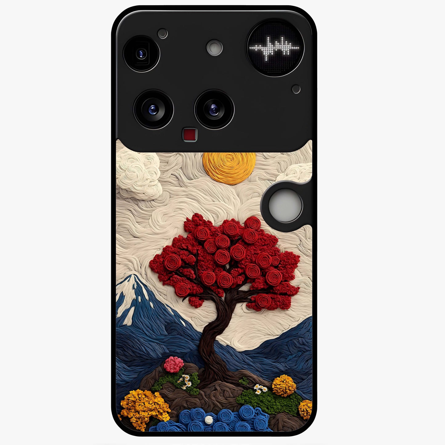 Eternal Nature Tapestry Glass Case showing flat back view with intricate nature tapestry artwork and glossy glass finish.