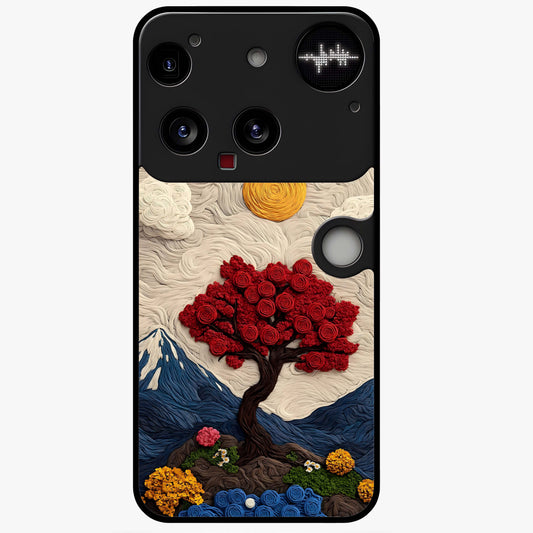 Eternal Nature Tapestry Glass Case showing flat back view with intricate nature tapestry artwork and glossy glass finish.
