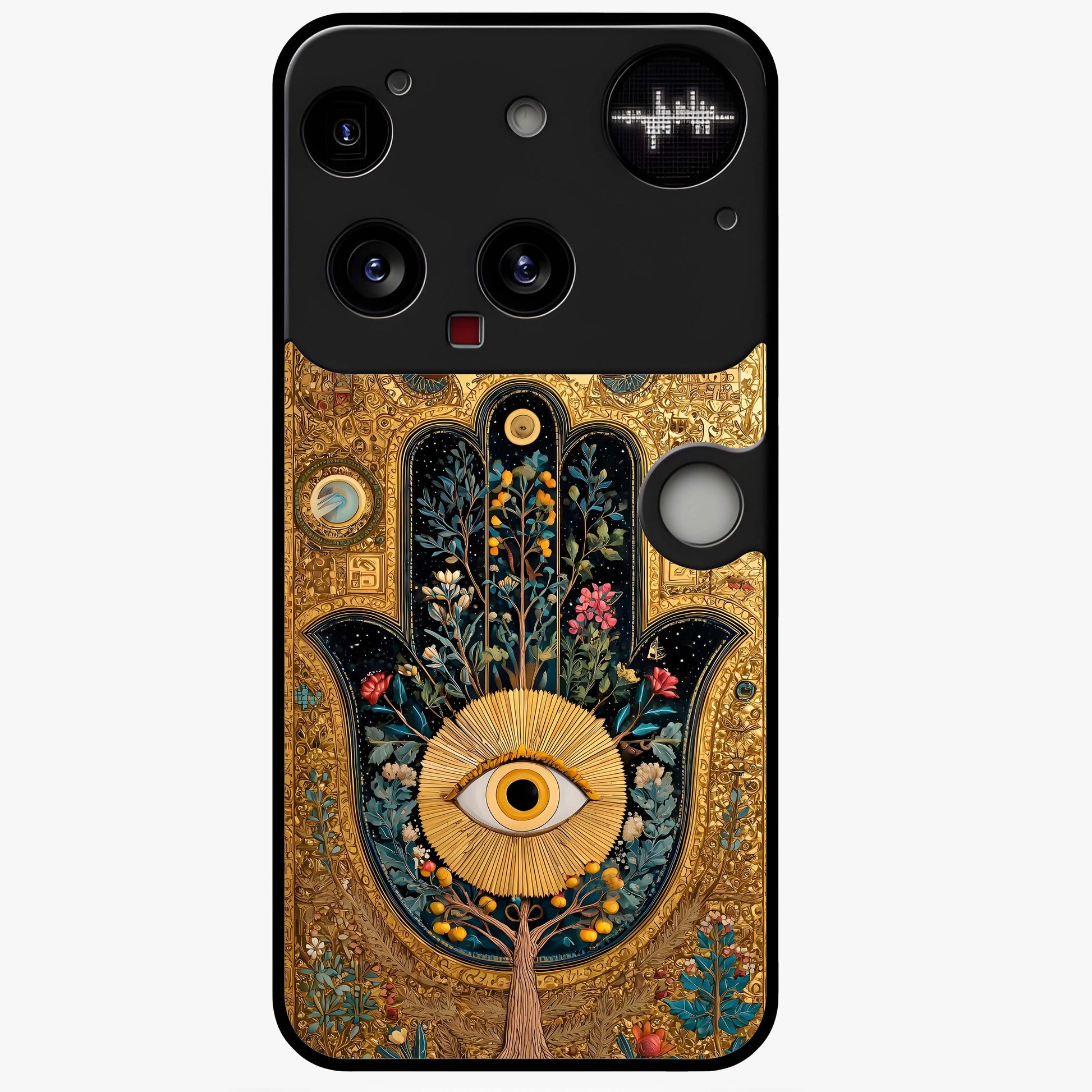 Ethereal Evil Eye Glass Case showing flat back view with mystical evil eye artwork and glossy glass finish.