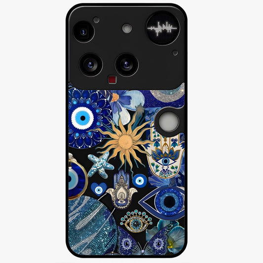 Evil Eye Charm Mix Glass Case showing flat back view with multiple evil eye charms artwork and glossy glass finish.