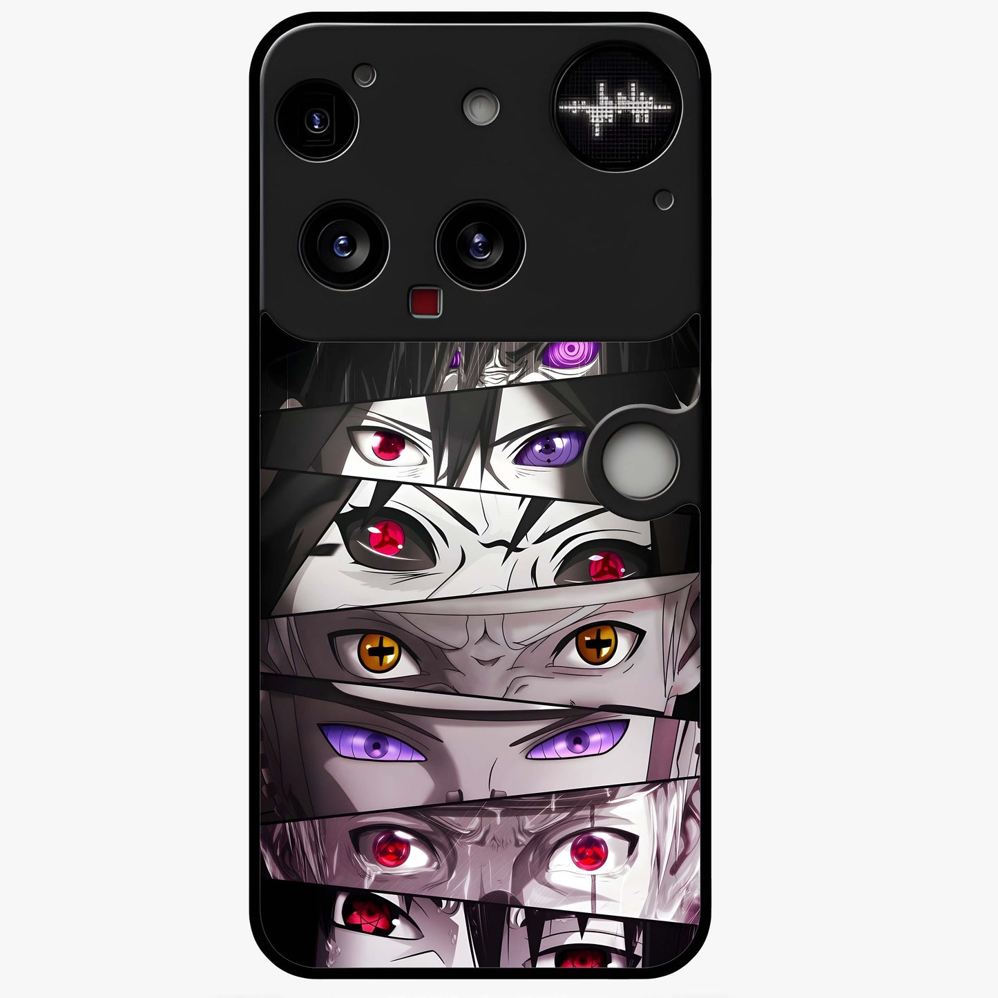 Eyes of Destiny Glass Case showing flat back view with striking eye themed artwork and glossy glass finish.