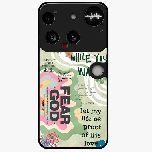 Faith Over Fear Glass Case showing flat back view with motivational typography artwork and glossy glass finish.