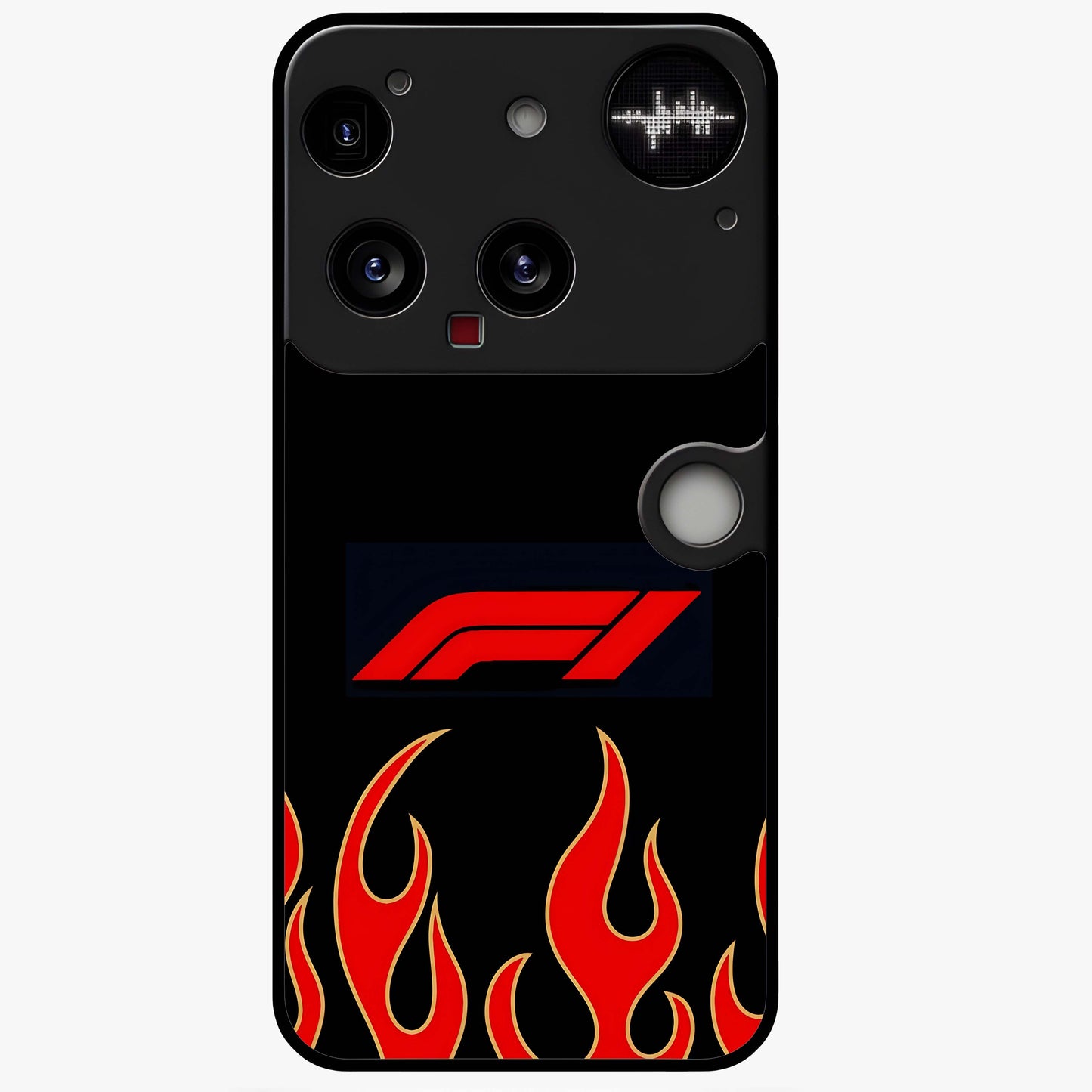 Fire F11 Glass Case showing flat back view with fiery themed artwork and glossy glass finish.