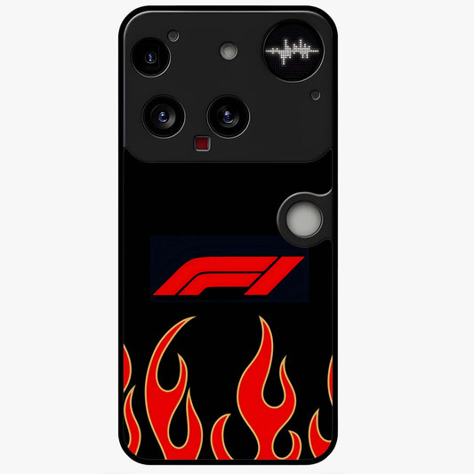 Fire F11 Glass Case showing flat back view with fiery themed artwork and glossy glass finish.