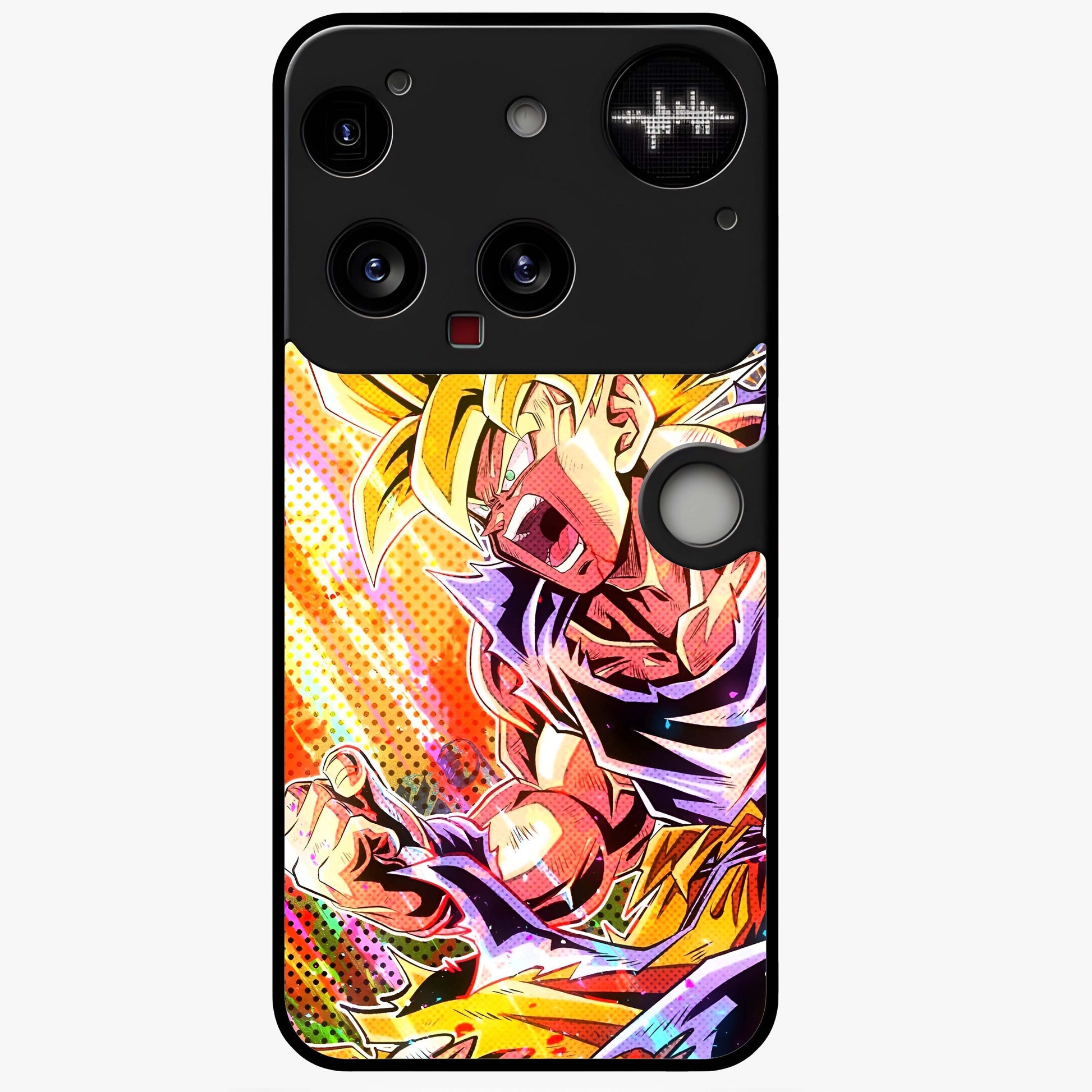 Firing Goku Glass Case showing flat back view with powerful anime inspired artwork and glossy glass finish.