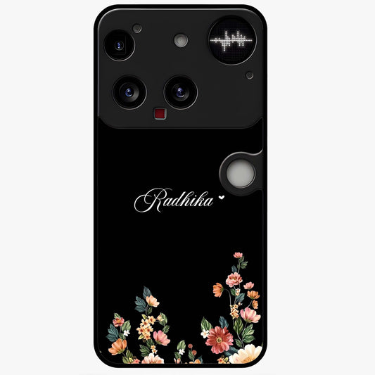 Floral Design With a Custom Personalized Name Glass Case showing flat back view with floral artwork and personalized name design.