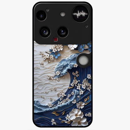 Floral Wave Origami Glass Case showing flat back view with origami inspired floral wave artwork and glossy glass finish.