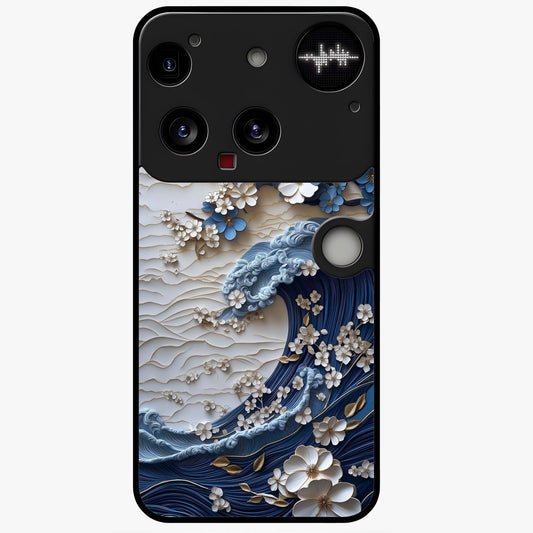 Floral Wave Origami Glass Case showing flat back view with origami inspired floral wave artwork and glossy glass finish.