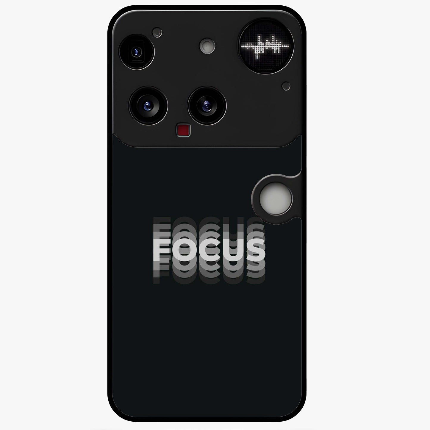 Focus Mode On Glass Case showing flat back view with bold motivational typography design and glossy glass finish.