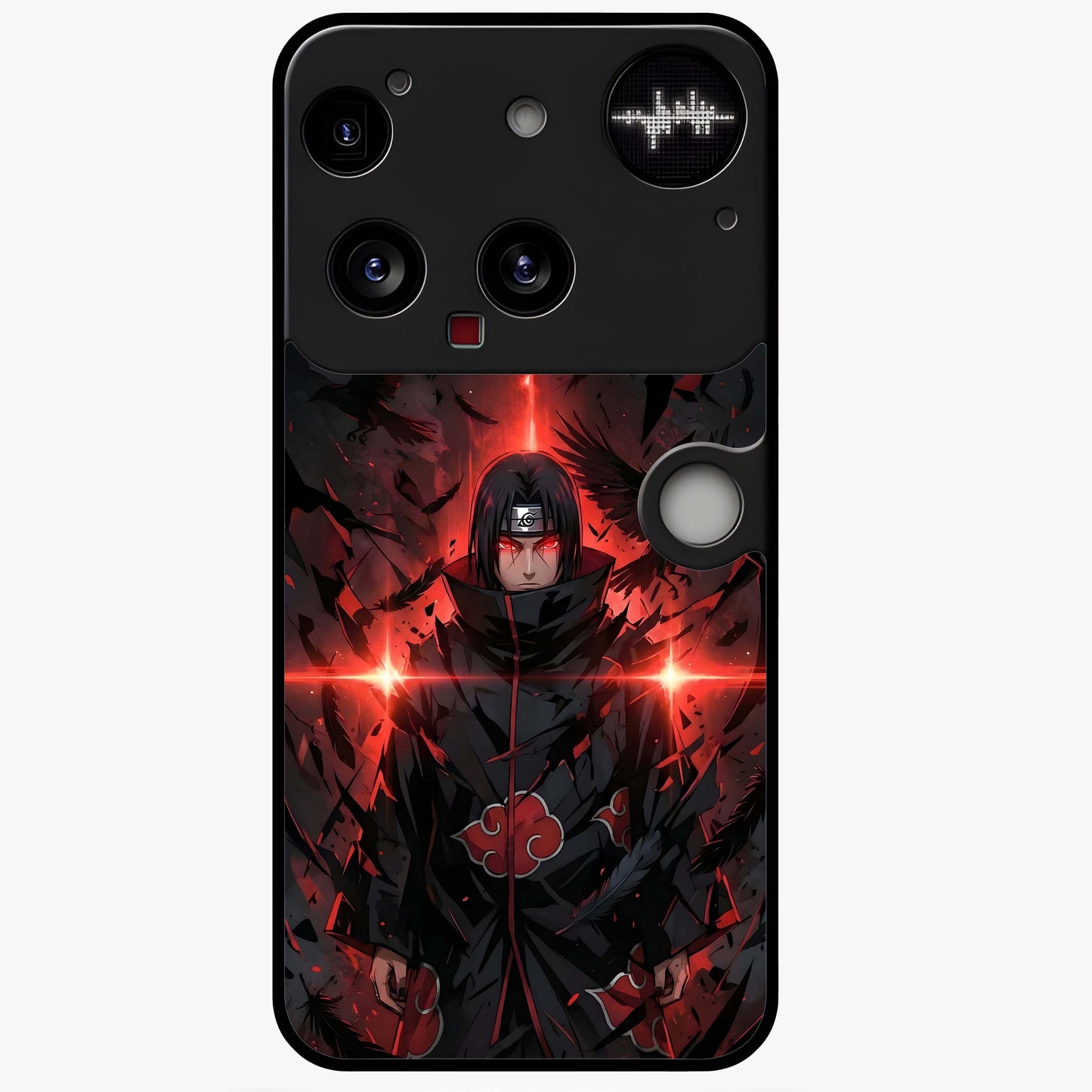 Focused Blade Discipline Glass Case showing flat back view with warrior sword themed artwork and glossy glass finish.