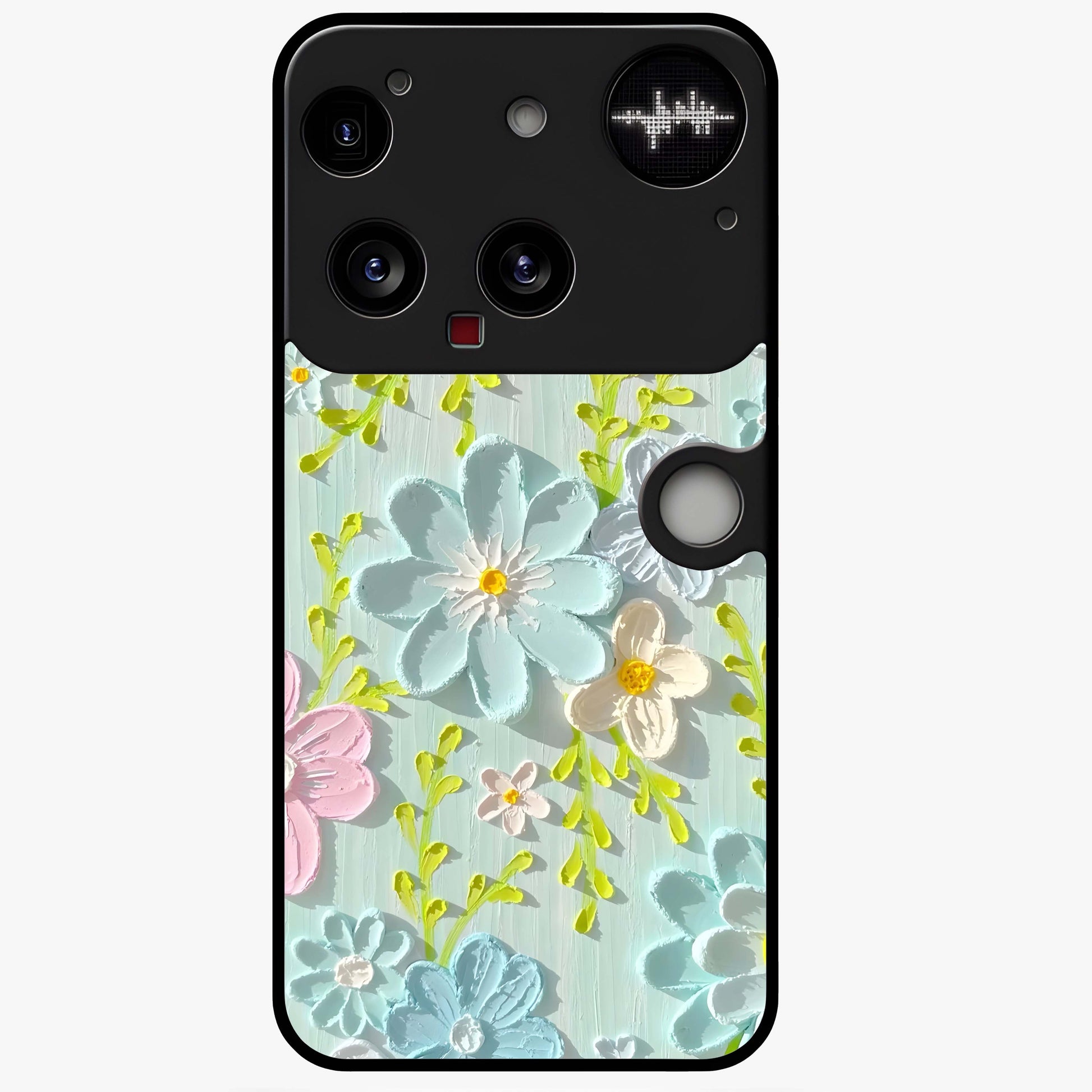 Frosted Petal Garden Glass Case showing flat back view with soft frosted floral artwork and glossy glass finish.