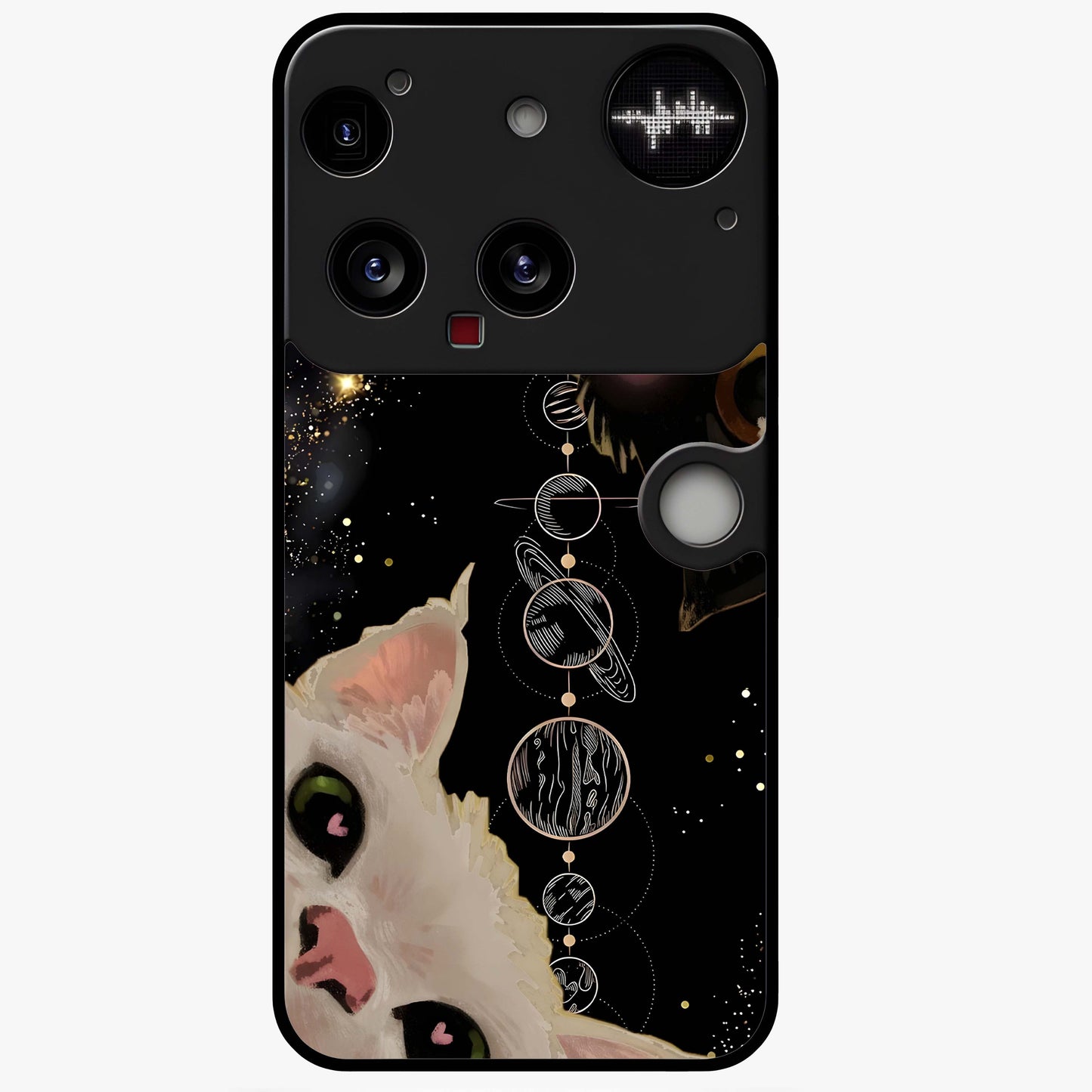 Galactic Cat Glass Case showing flat back view with cosmic cat artwork and glossy glass finish.