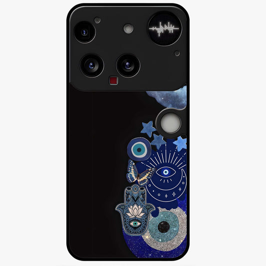Galactic Charm Cluster Glass Case showing flat back view with glowing celestial charm artwork and glossy glass finish.