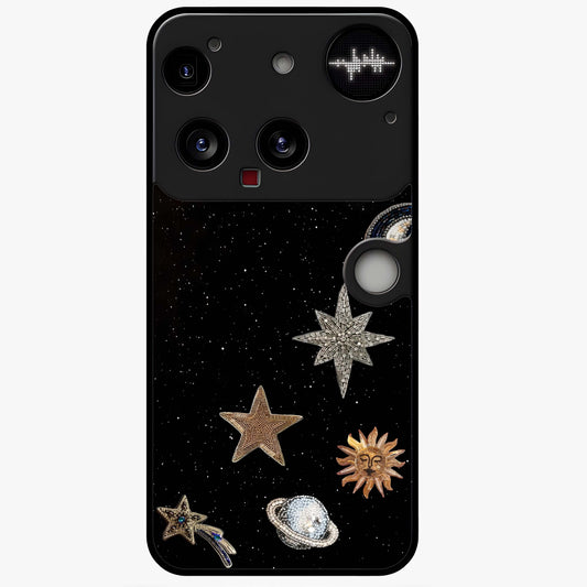 Galactic Charm Glow Glass Case showing flat back view with glowing celestial charm artwork and glossy glass finish.