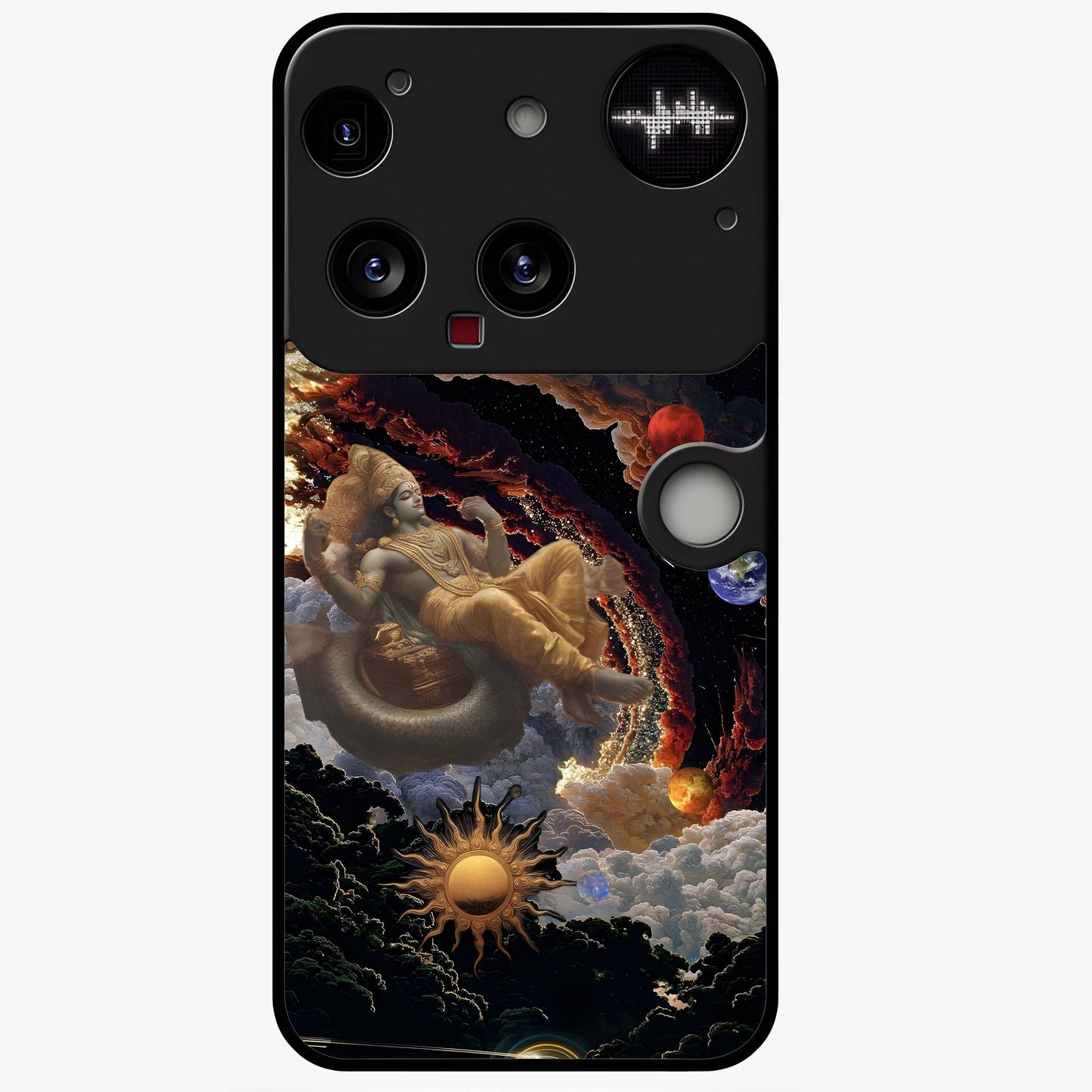 Galactic Divine God Glass Case showing flat back view with divine cosmic themed artwork and glossy glass finish.