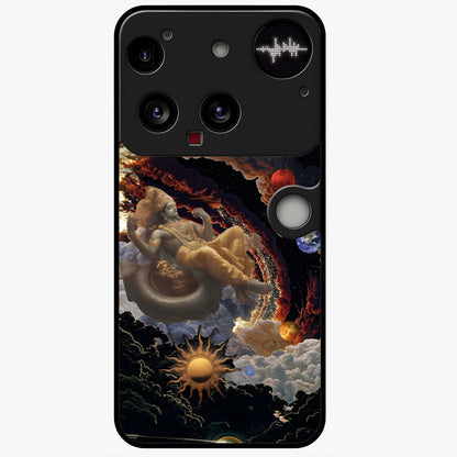 Galactic Divine God Glass Case showing flat back view with divine cosmic themed artwork and glossy glass finish.
