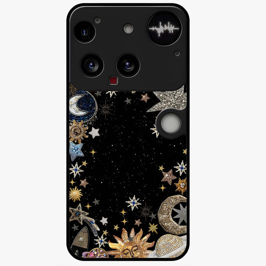 Galactic Jewel Stars Glass Case showing flat back view with sparkling star jewel artwork and glossy glass finish.