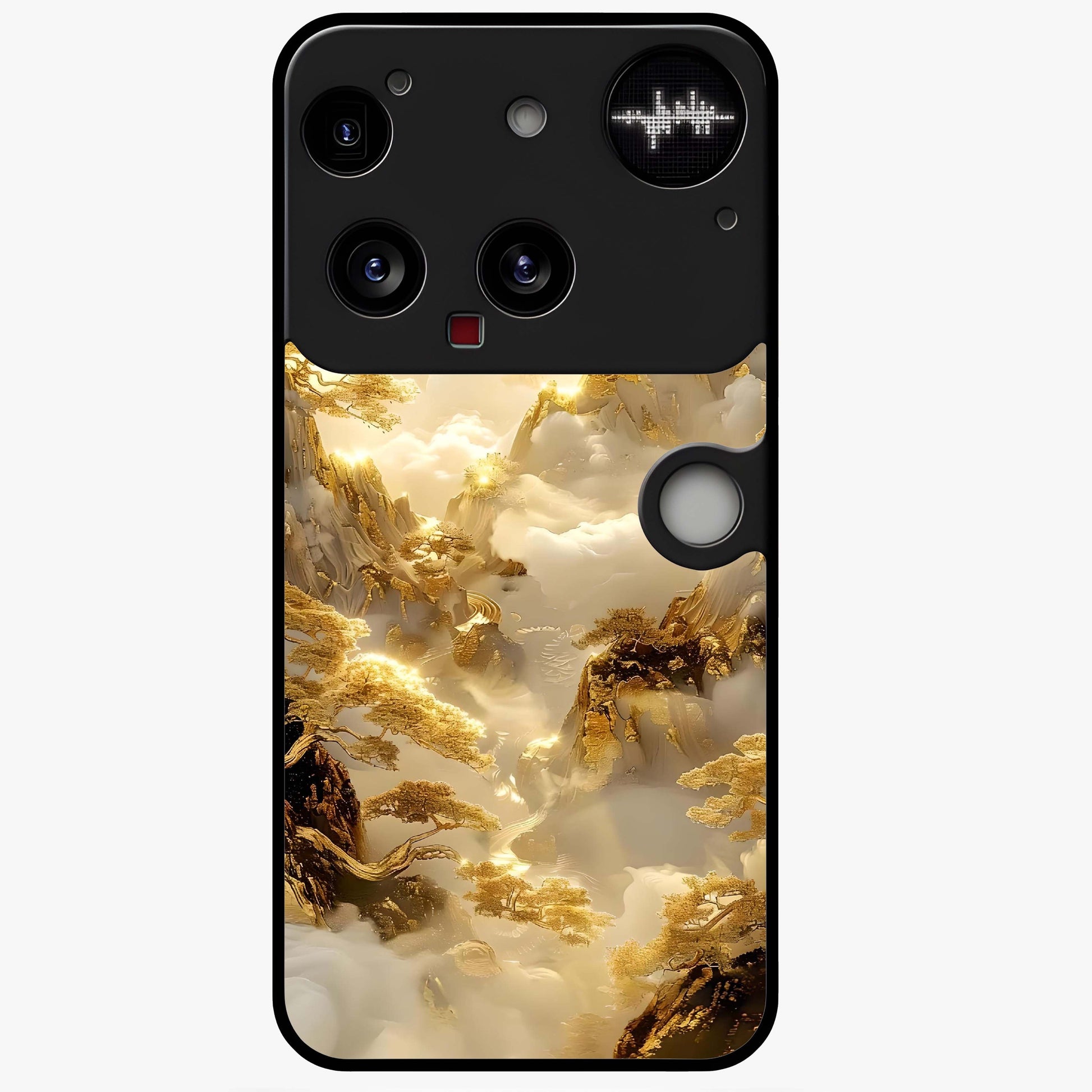 Gates Of Illumination Glass Case showing flat back view with mystical illuminated gate artwork and glossy glass finish.