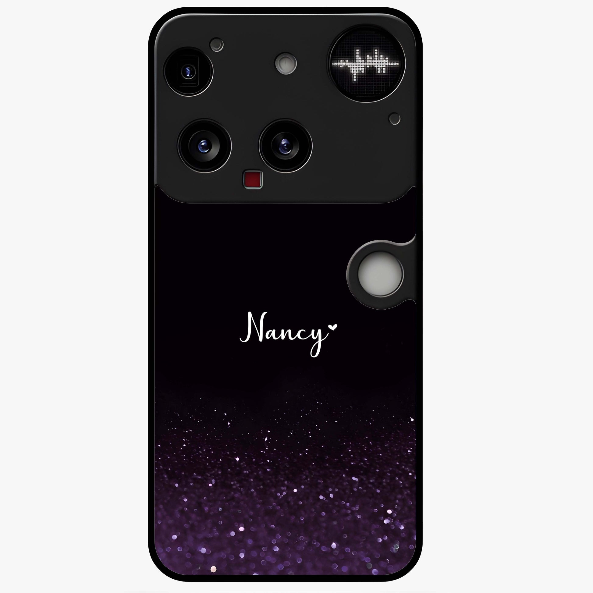 Glittery Purple Bokeh Custom Name Glass Case showing flat back view with purple bokeh sparkle artwork and personalized name design.