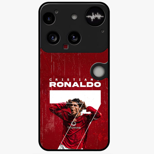 Goal Celebration Legacy Glass Case showing flat back view with football celebration inspired artwork and glossy glass finish.