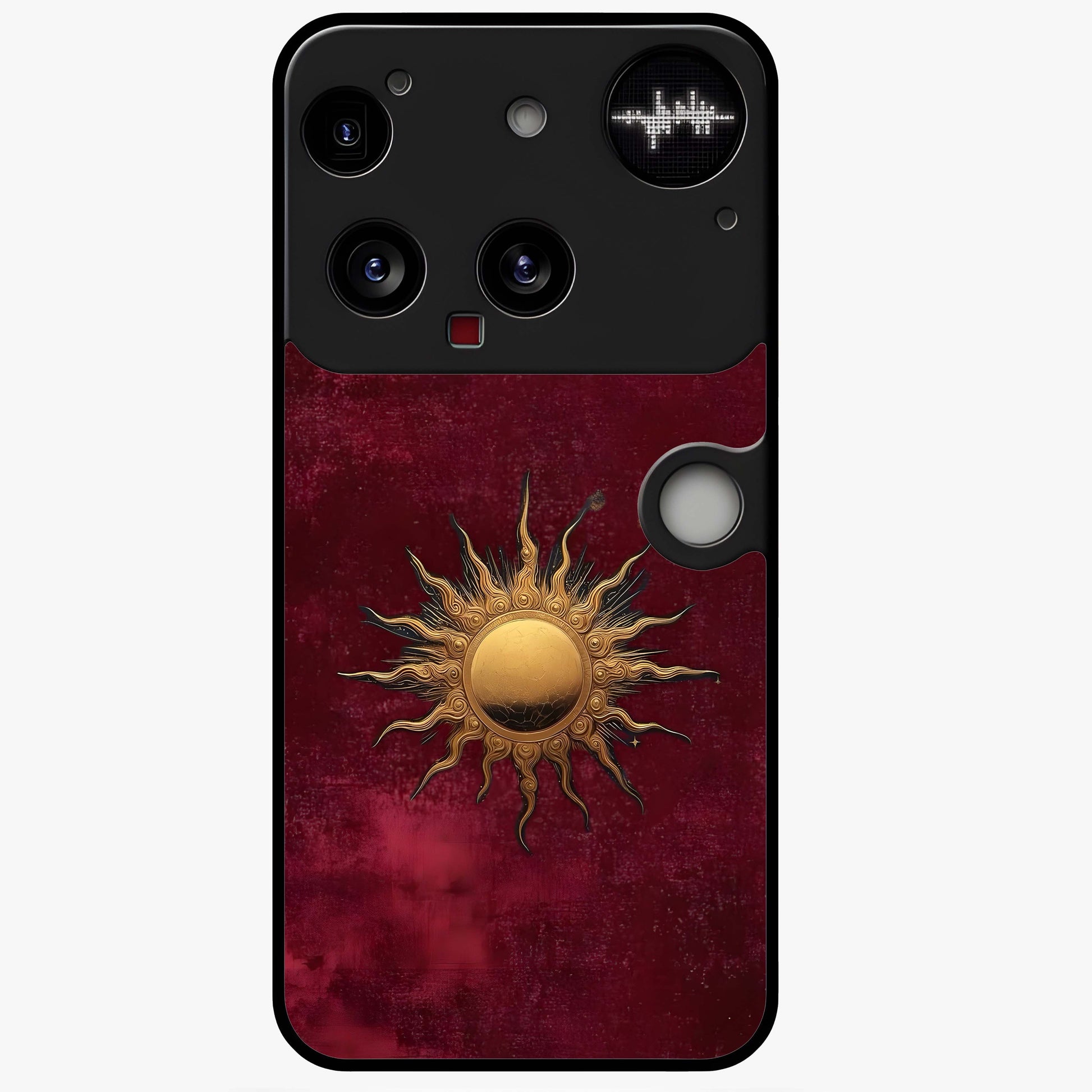 Gold Sun Blush Glass Case showing flat back view with golden sun inspired artwork and glossy glass finish.