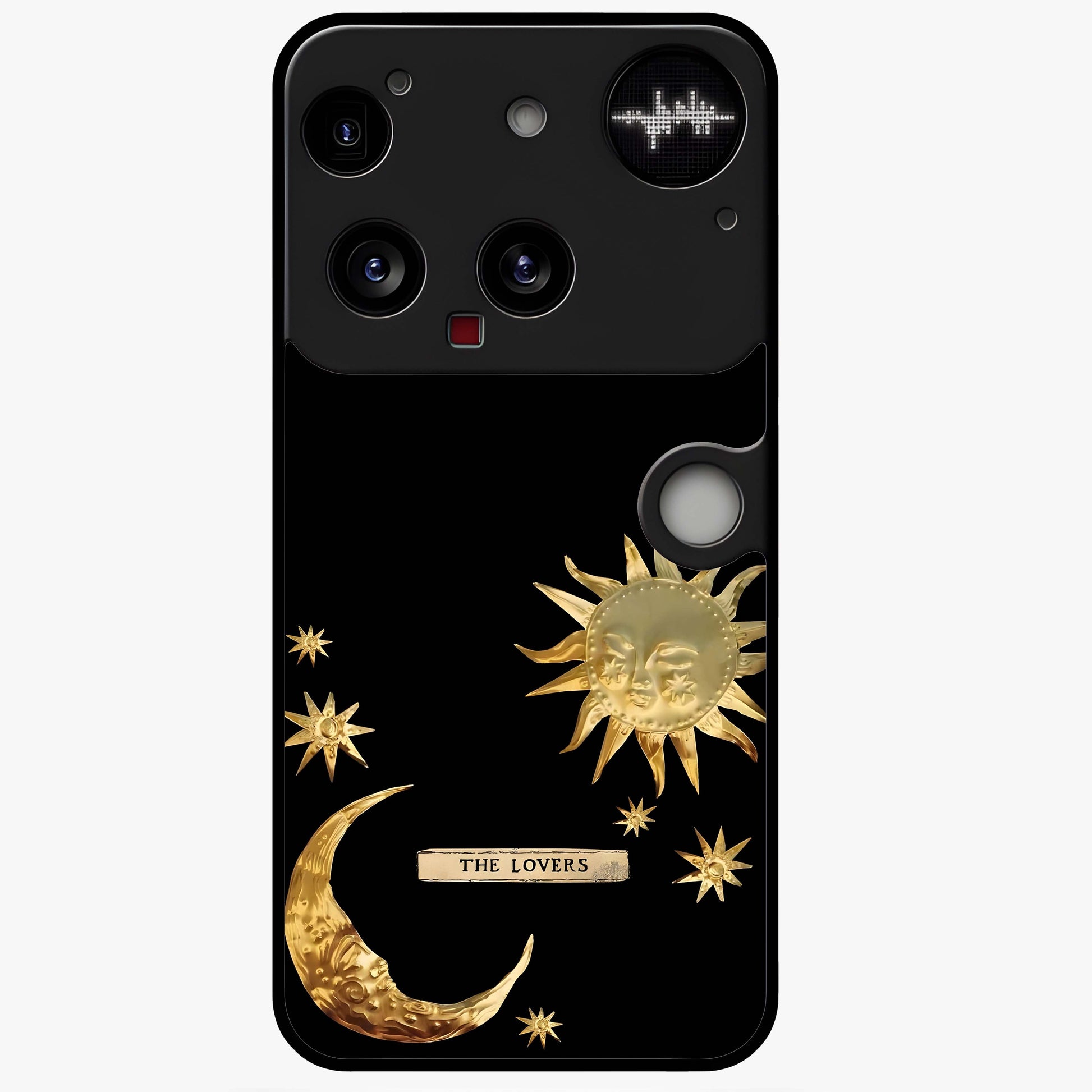 Golden Celestial Charm Glass Case showing flat back view with golden celestial charm artwork and glossy glass finish.
