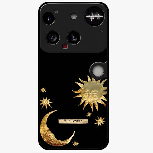 Golden Celestial Charm Glass Case showing flat back view with golden celestial charm artwork and glossy glass finish.