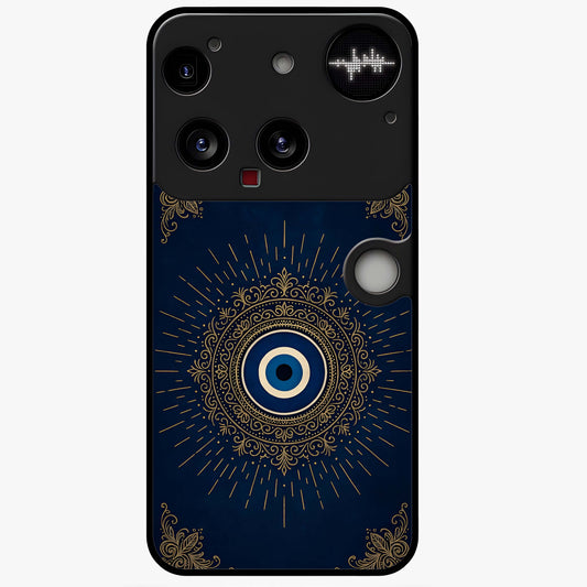 Golden Evil Eye Mandala Glass Case showing flat back view with intricate evil eye mandala artwork and glossy glass finish.