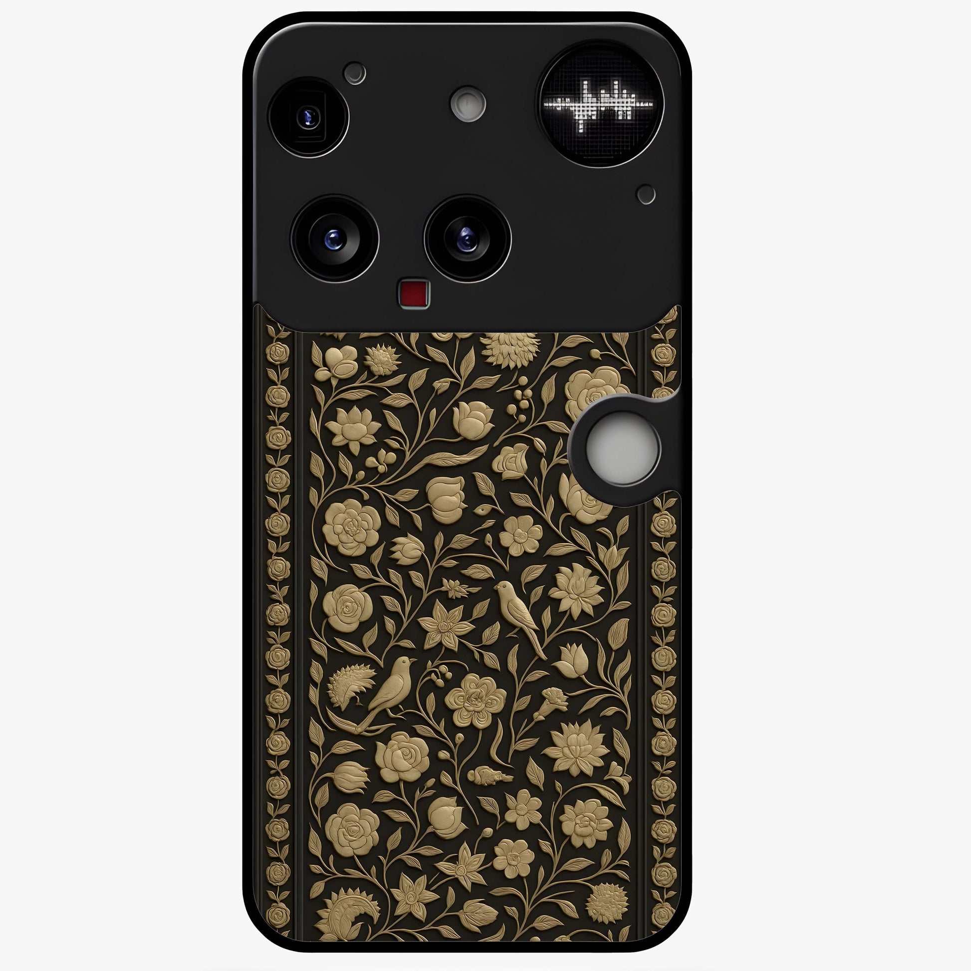 Golden Floral Majesty Glass Case showing flat back view with luxurious golden floral artwork and glossy glass finish.