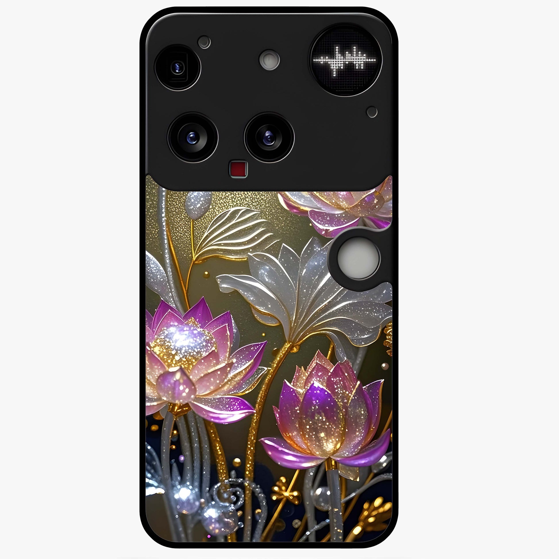 Golden Lotus Glow Glass Case showing flat back view with glowing lotus flower artwork and glossy glass finish.