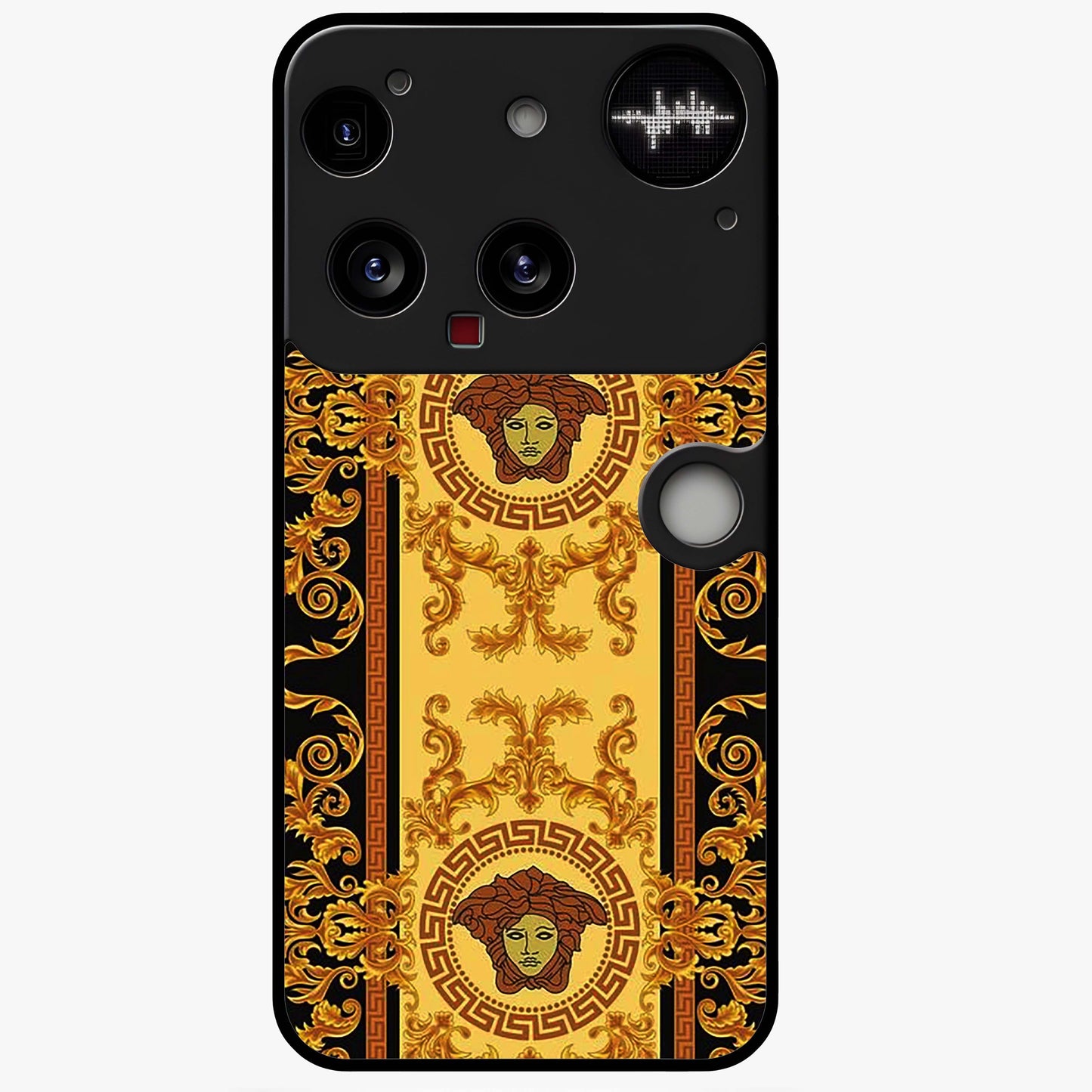 Golden Royal Heritage Glass Case showing flat back view with ornate royal pattern artwork and glossy glass finish.
