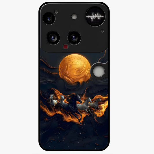 Golden Stallion Moonride Glass Case showing flat back view with majestic horse under moonlight artwork and glossy glass finish.